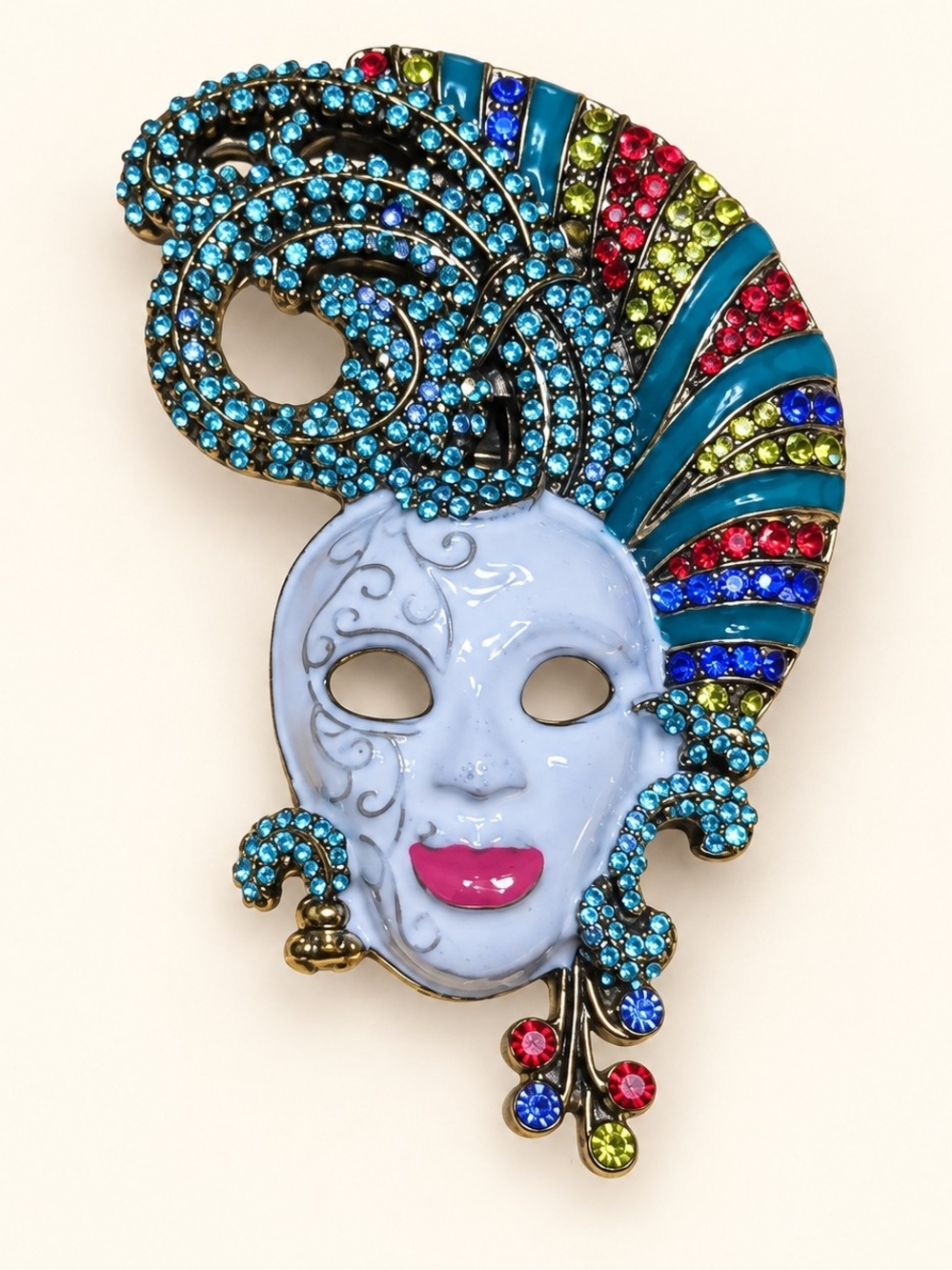 Masquerade Crystal Enamel Face Brooch - Blue & Multicolor